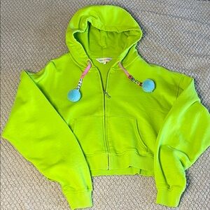 Teddy Fresh Neon Cropped Hoodie with Pom-Poms